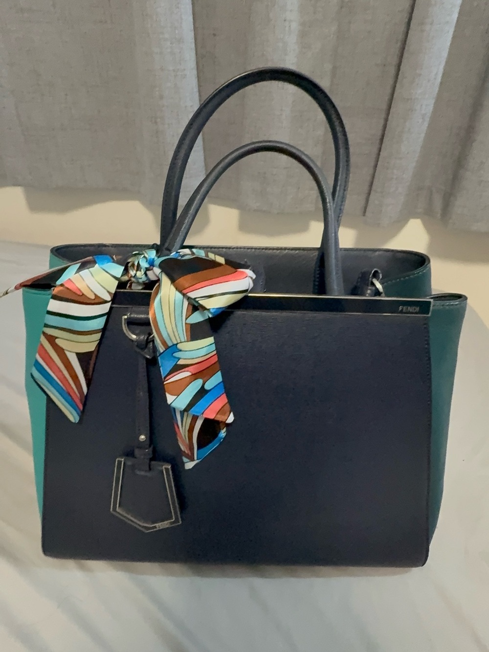 Fendi Navy Tote with Teal Side Panels and Multicolor Scarf